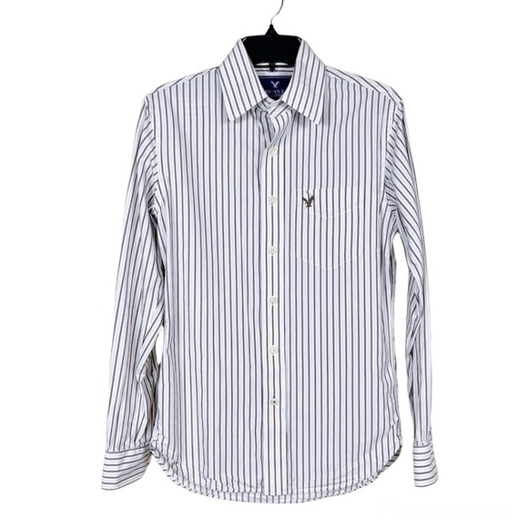 American Eagle Outfitters White Beige Striped Button Front Long Sleeve Shirt XS - Picture 1 of 6
